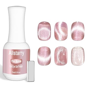 Allstarry Pink Cat Eye Gel Nail Polish, 15ml/0.5fl oz Pink Nail Polish Jelly Glass Magnetic Sheer Gel Polish UV LED Curing Soak Off Home DIY Nail Salon for Valentines Nails - Bubble