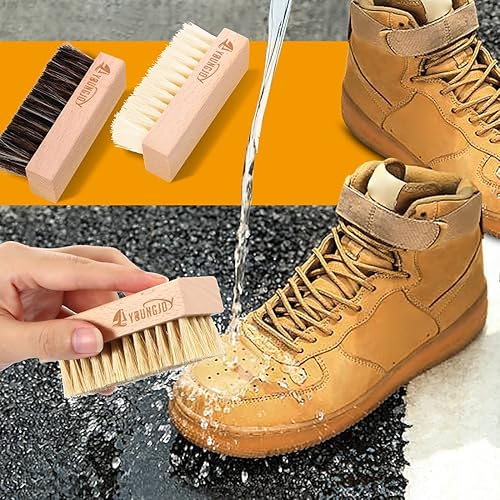 Vista 4 de YoungJoy Juego de cepillos limpiadores de zapatos de doble cara jabalí y cerdas de plástico con paño de microfibra