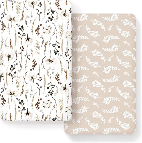 Juego de 2 sábanas ajustadas de punto de jersey elástico ultra suave, se adapta a todas las almohadillas estándar de colchón de cuna, seguras y