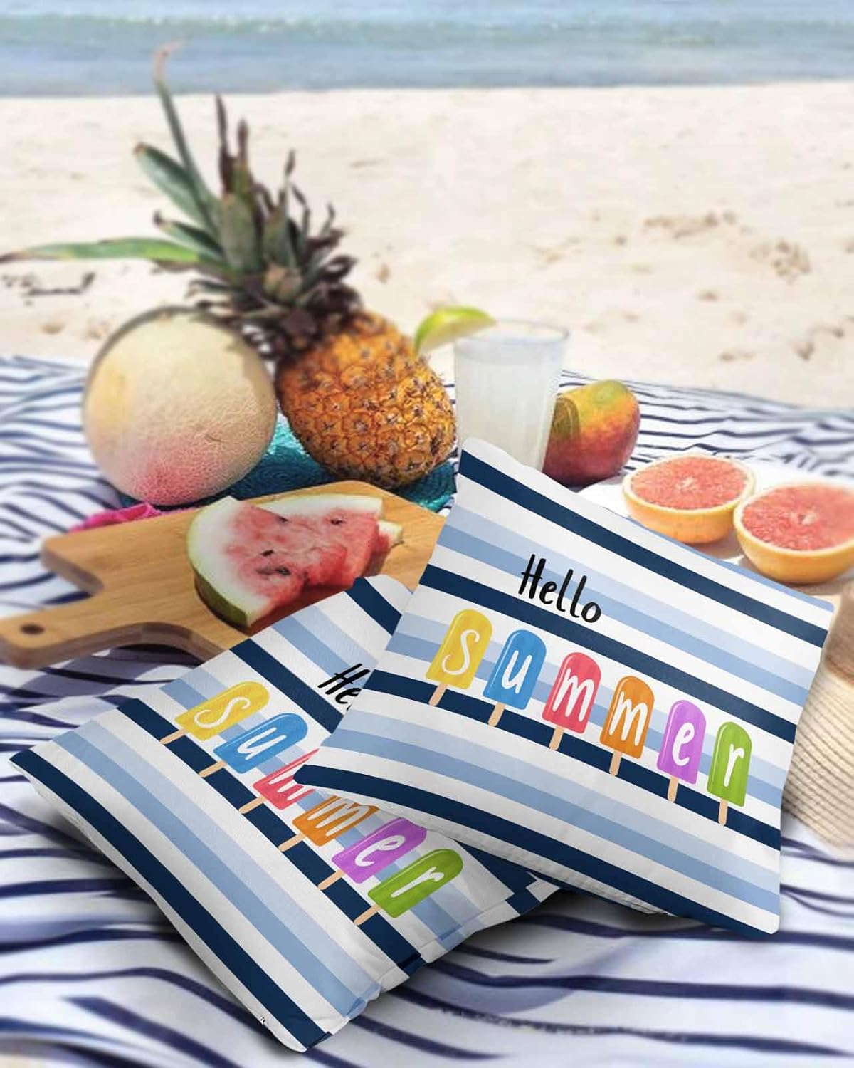 Summer Outdoor Waterproof Throw Pillow Covers 24 x 24 Inch Set of 2, Ice Cream Ombre Stripes Summer Pillowcases Decorative Square Cushion Cases for Patio Furniture Couch Porch Garden