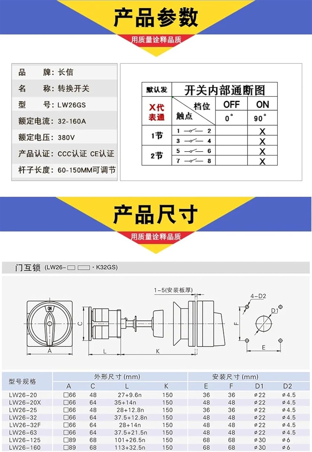 LW26-125GS Distribution Cabinet Door Cut-Off Interlock Base DIN Rail mounting Universal Isolation cam Switch 125A 690V