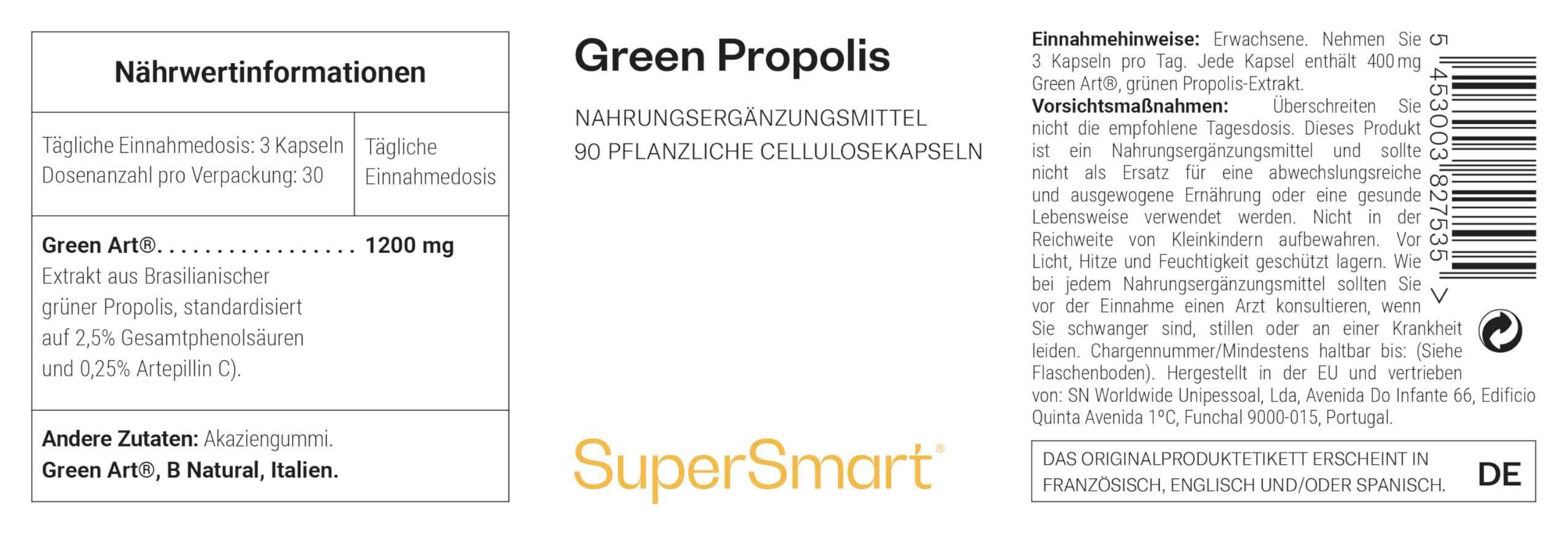 Green Propolis - Extrakt aus brasilianischem Grünpropolis - Das Gesundheitsgeheimnis aus dem Bienenstock - Starker Antioxidans für die Immunität - 90 Kapseln - SuperSmart