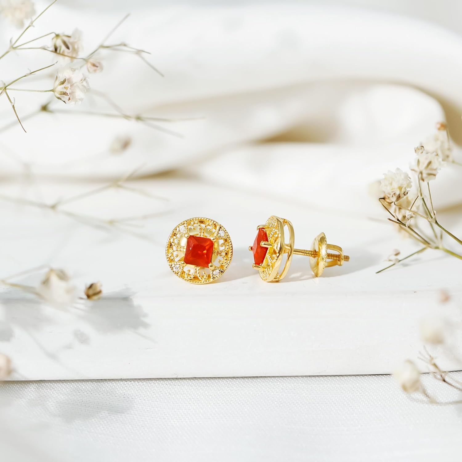 Certified Fire Opal Diamond Stud Earrings in Silver, Aaa Quality, Vintage Opal Earrings - Gift For Special Occasions - Image 5