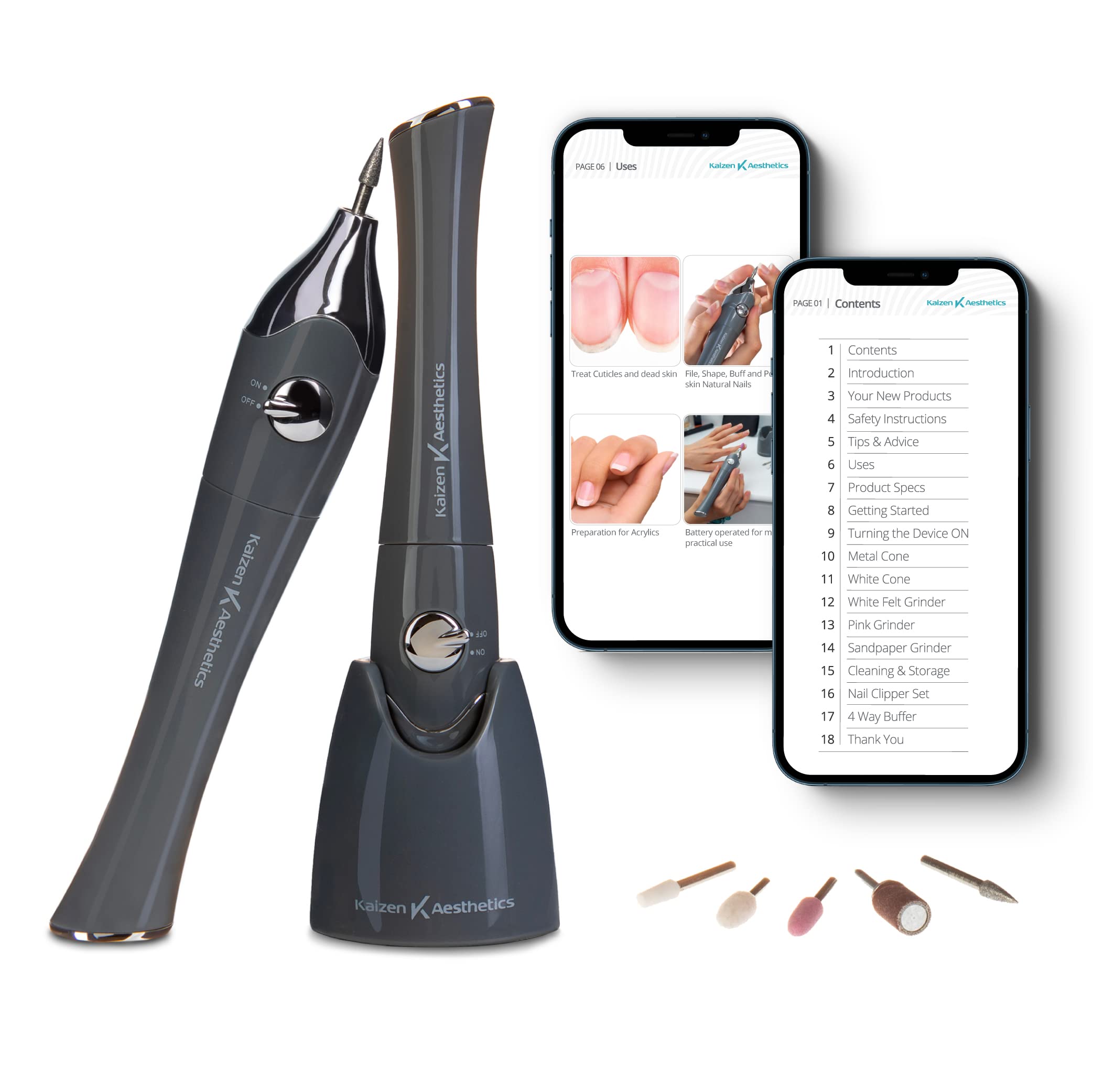 Kaizen Aesthetics Electric Nail Files/Nail Drill - How To Guide Ebook, Nail Clippers, 4-way Buffer And Toe Separators. A Nail Kit Perfect For A Salon Quality Manicure, Pedicure Or Acrylic Nail File
