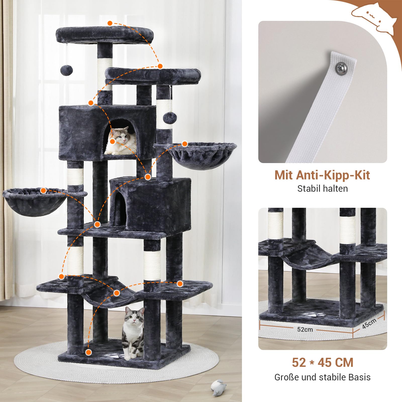 MSmask Rascador grande, 180 cm de alto, árbol para gatos con troncos de sisal, 2 plataformas, 2 cuevas para gatos, cesta, hamaca, árbol rascador para gatos estable, árbol trepador de varios niveles