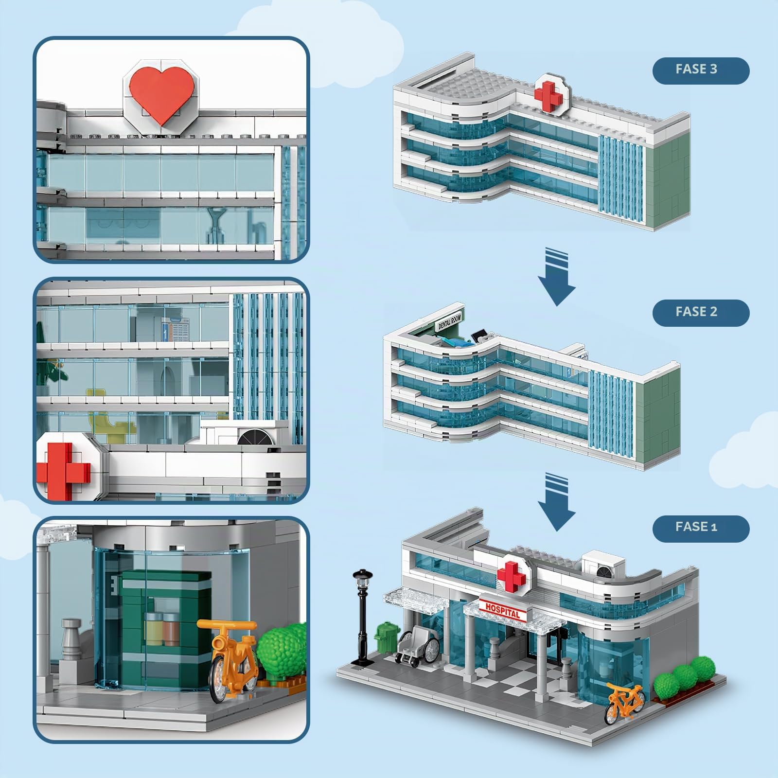 TOY PLAYER Blocchi di costruzione dell'Ospedale della Città a Tre Piani con illuminazione, Edificio della Città in Miniatura, Regalo per bambini e bambine di età compresa tra 8-16 anni, Blocchi di