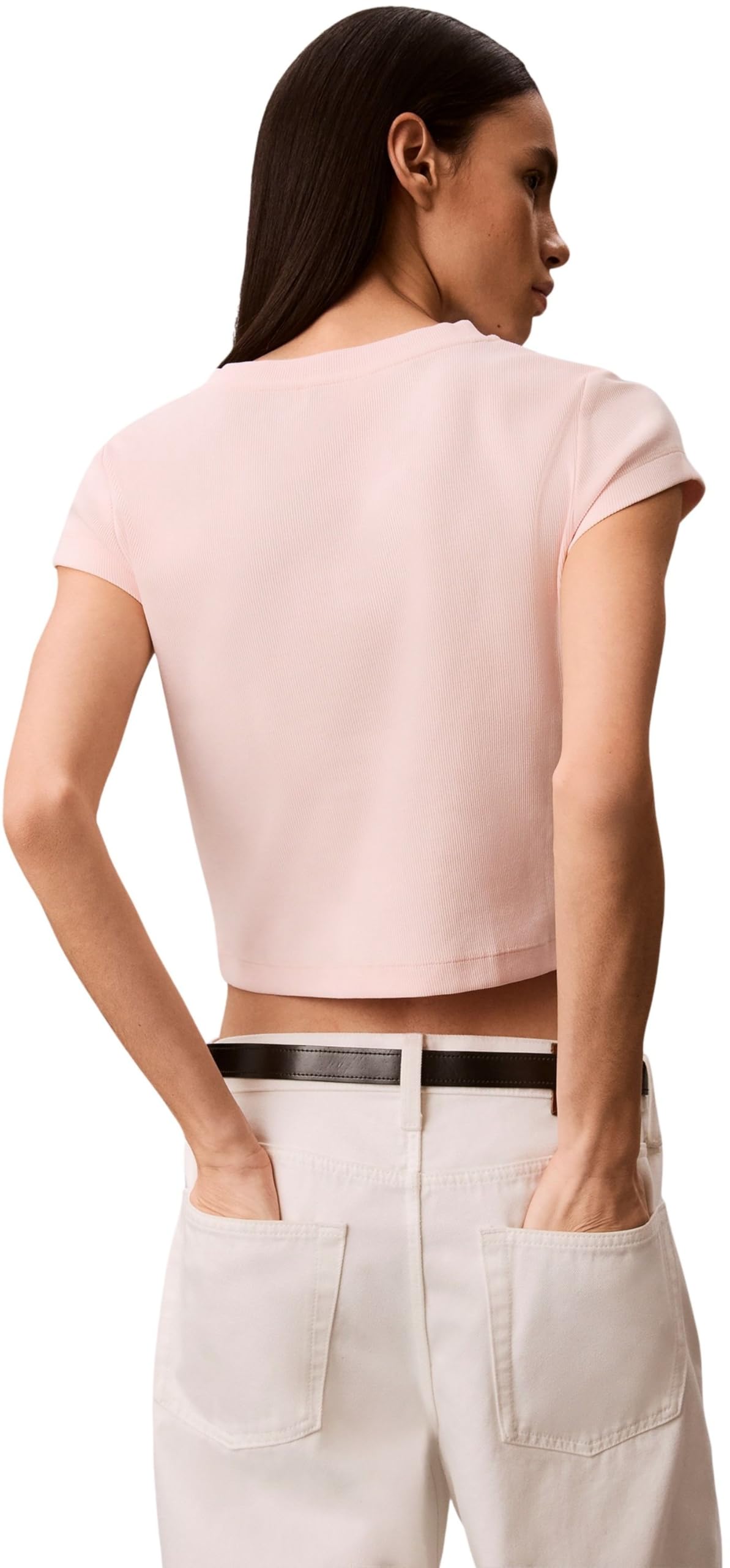 Calvin Klein Damen T-Shirt Kurzarm Woven Label Rib Tee mit V-Ausschnitt, Rosa (Mangano Calcite), XL – Ansicht 2