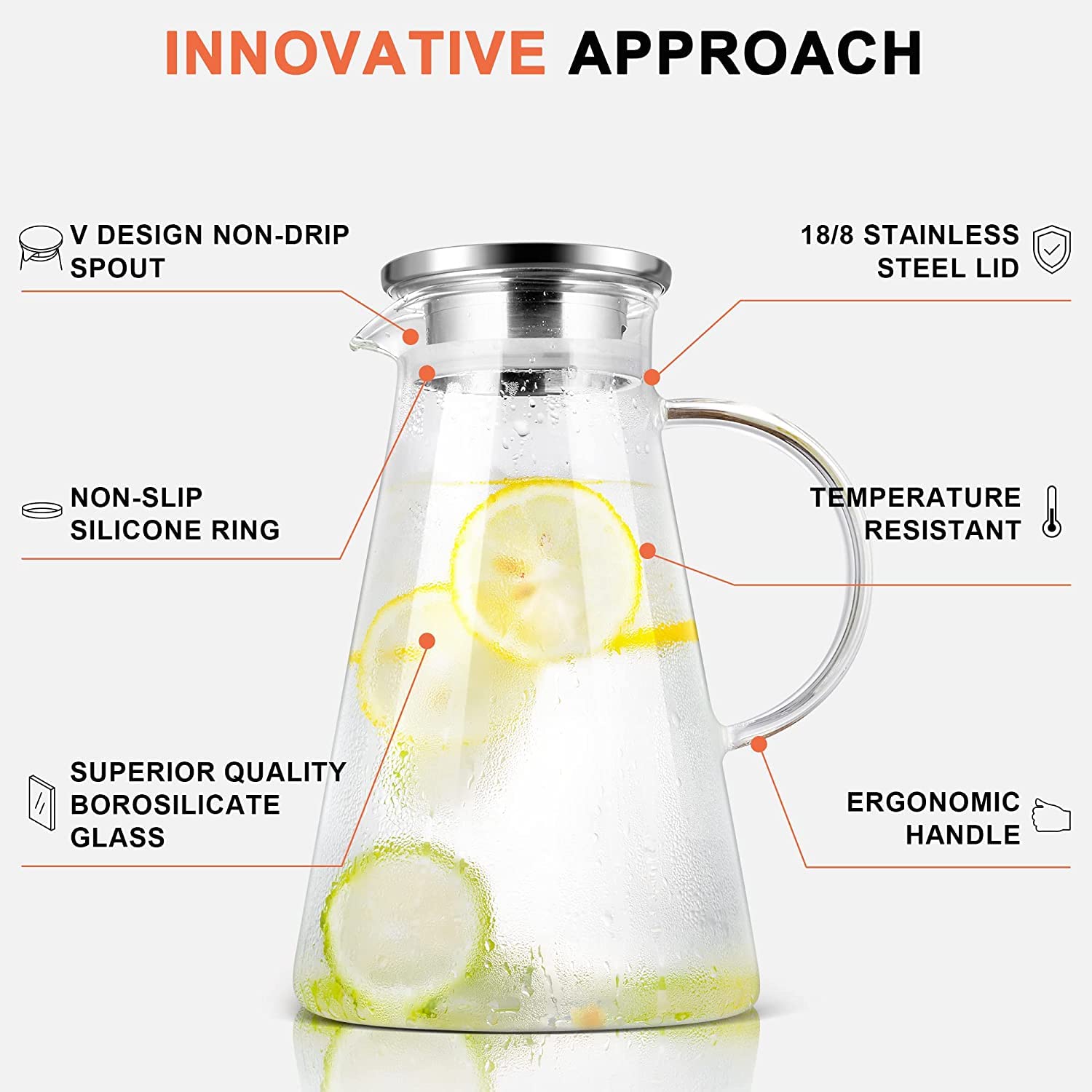 Cloudsell Glass Water Jug 1800 ml Juice, Cocktail, Milk, Chaas, Shakes Jug Set, 1.8 Litre with Steel Lid and Handle, Clear 3