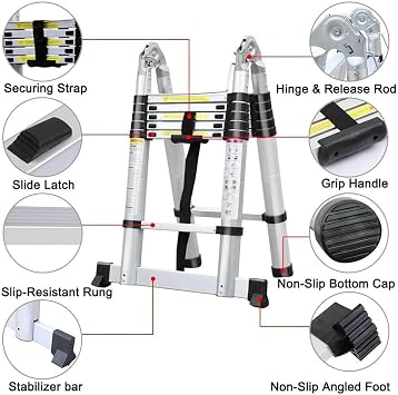 Ladders Telescoping Ladder 12.5 FT Dual Purpose Aluminum Telescopic Ladder with Non-Slip Feet Adjustable Lightweight Compact Ladders for Household or RV Outdoor Work,330lb Load Capacity(1.9M+1.9M)