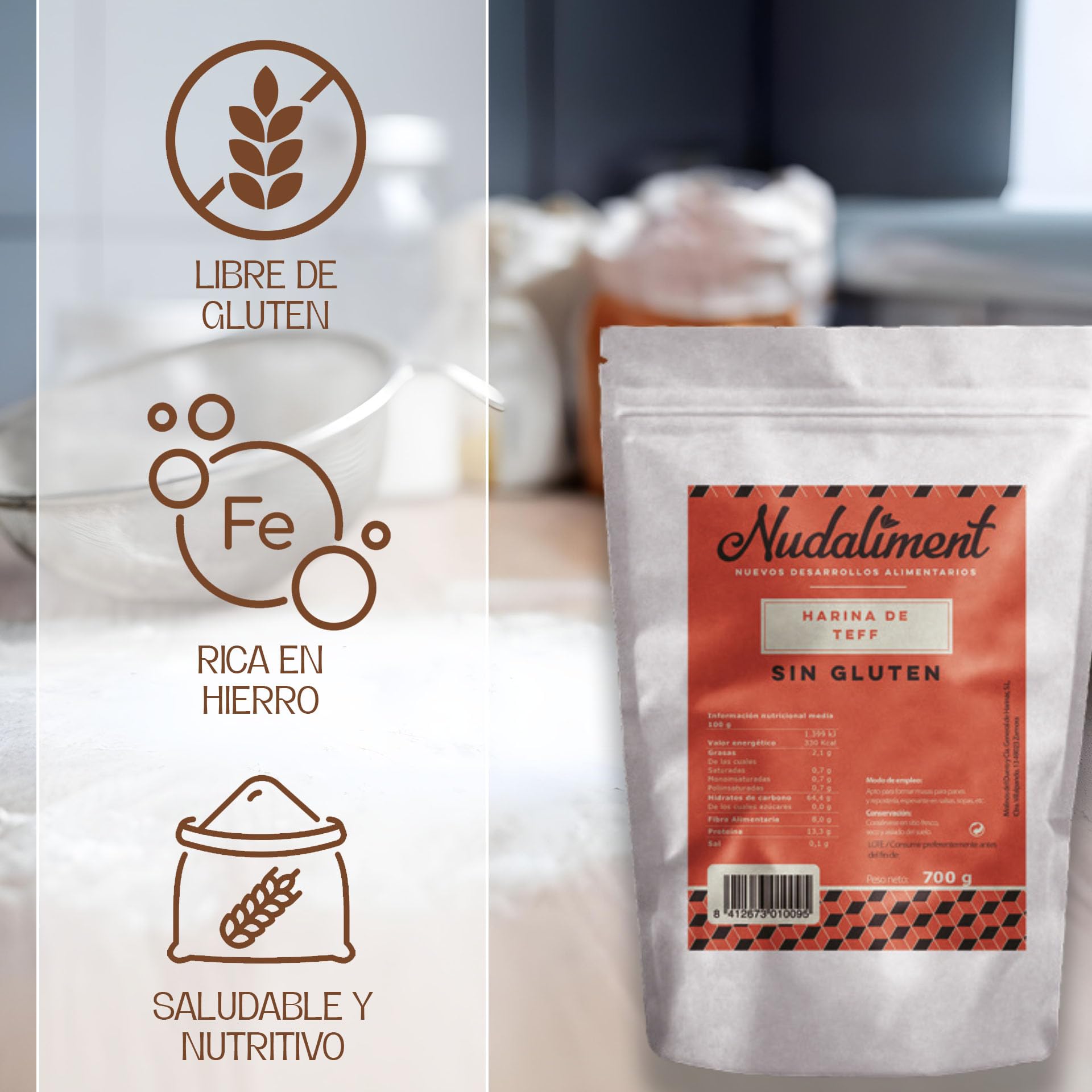 Harina De Teff Sin Gluten | Harina | Ideal Para Comidas Veganas Y Repostería | Ingrediente Versátil | Para Recetas Saludables Y Nutritivas | Alimento Dietético| De 700 Gr