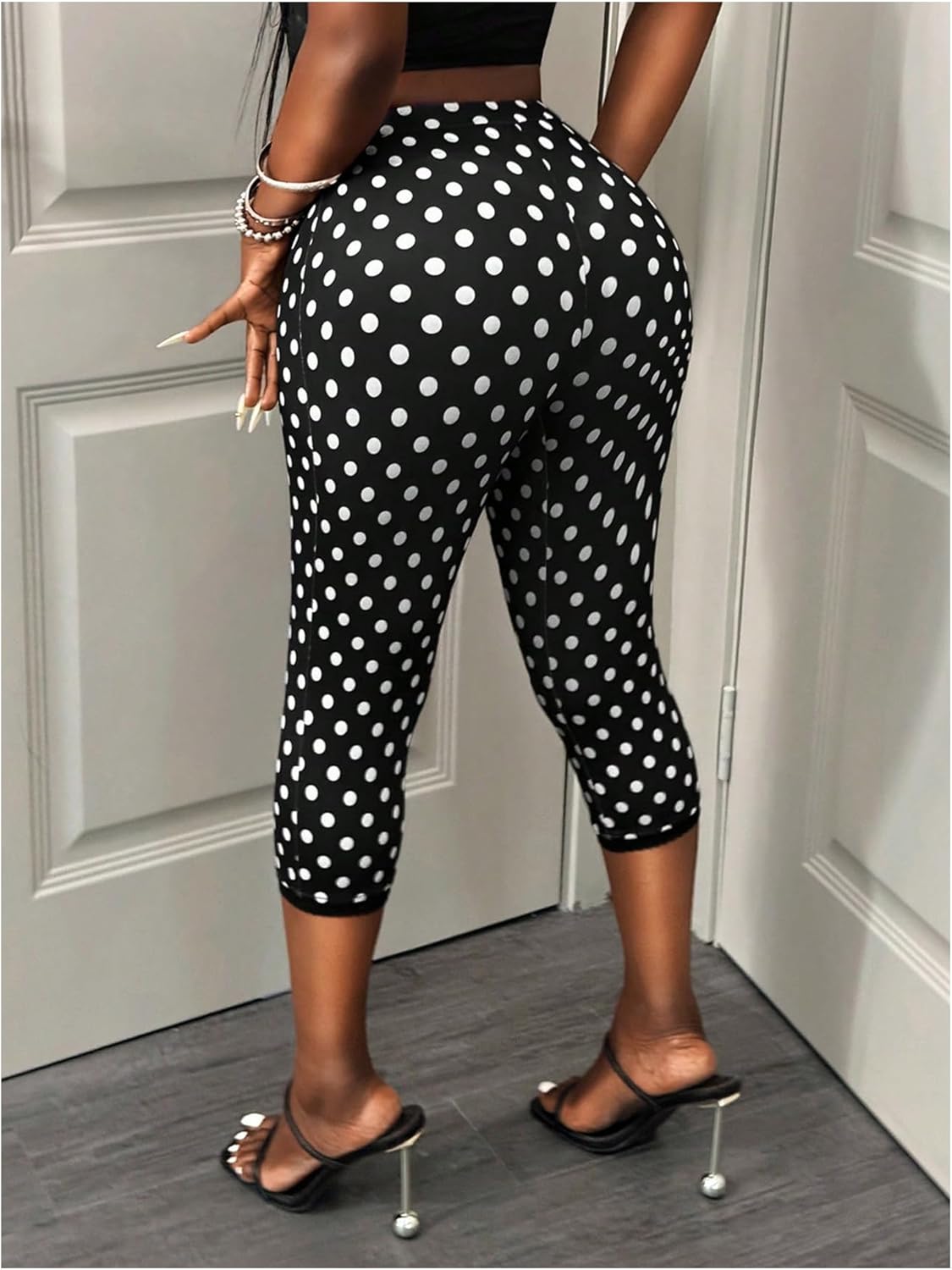 MakeMeChic Women's Polka Dots Capri Pants Elastic High Waisted Cropped Leggings - Image 3