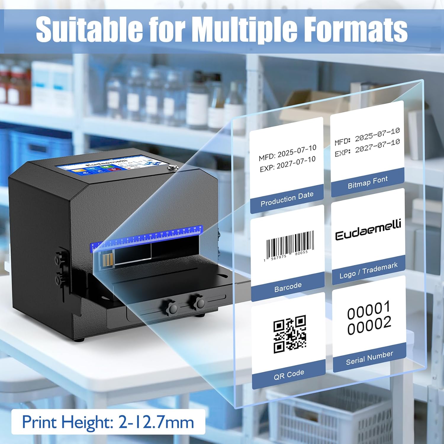 P6 Inkjet Coding Machine with 7" Touch Screen,0.08-0.5" Batch Code Printer with 42ml Black Ink Cartridge for Expiry Dates,Logo,Barcode,QR Code,Batch Lot Number,Label, Date Printer for Various Material