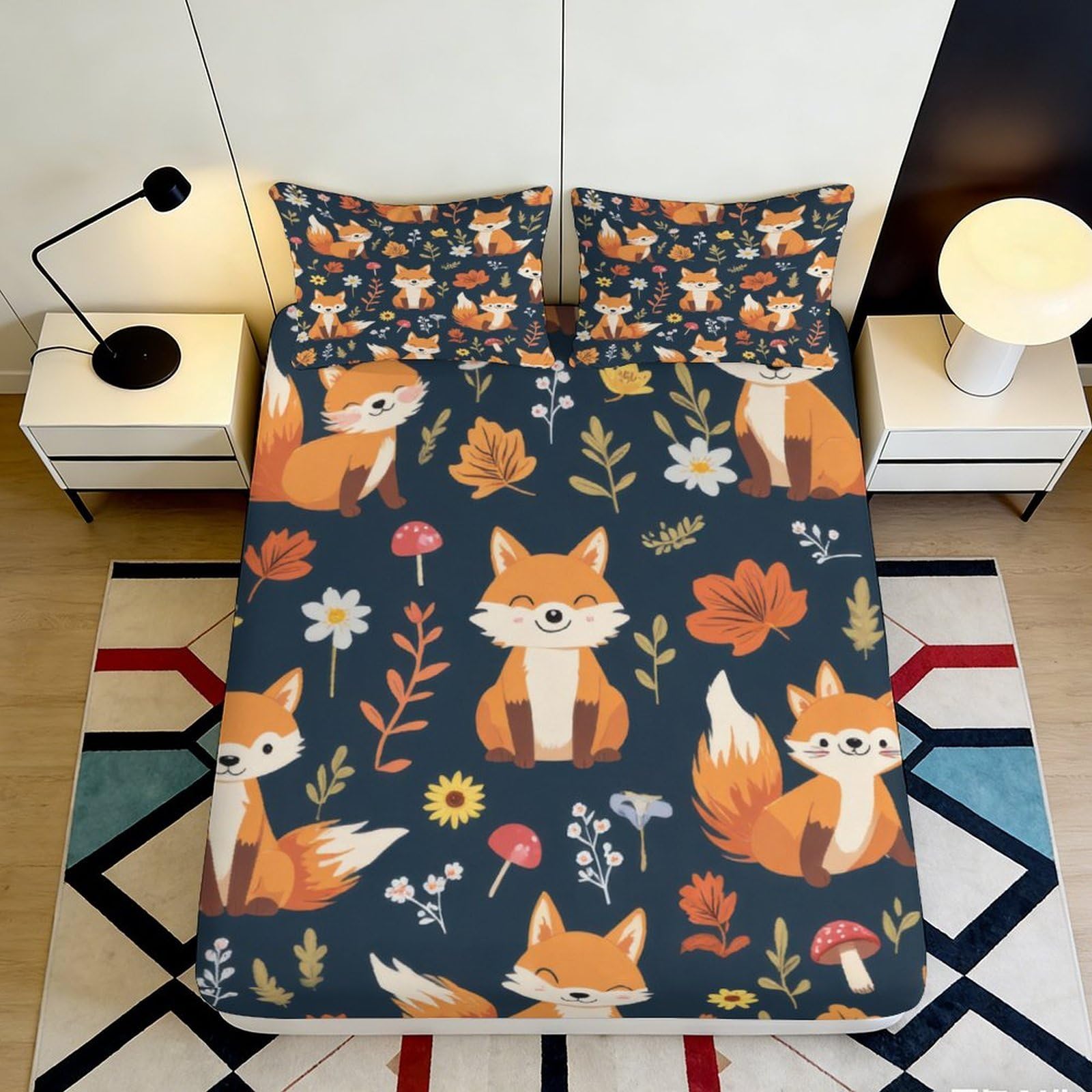 3D Printed Fox Floral Fitted Sheet Microfiber Soft Orange Animal Pattern Bed Cover for Bedroom Guestroom Decor 90x200x25cm