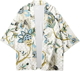 Japanese Kimono Cardigan Flying Crane Open Front Breathable Lightweight Yukata Bathrobe