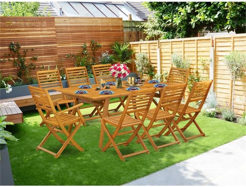 Pemberly Row Traditional 9-Piece Wood Outdoor Dining Set, Natural Oil Finish, Rubber Wood Construction, Includes Rectangular Table and Folding Chairs, Patio/Garden Furniture for Comfortable Outdoor