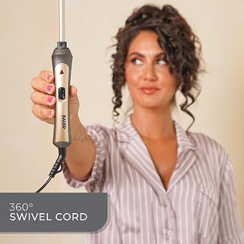 Bauer Professional TourmaPro Slimline Curling Wand/Ultra Slim 9mm Barrel / 200° Heat, 360° Swivel Cord and Cool Touch Tip/Grey & Gold