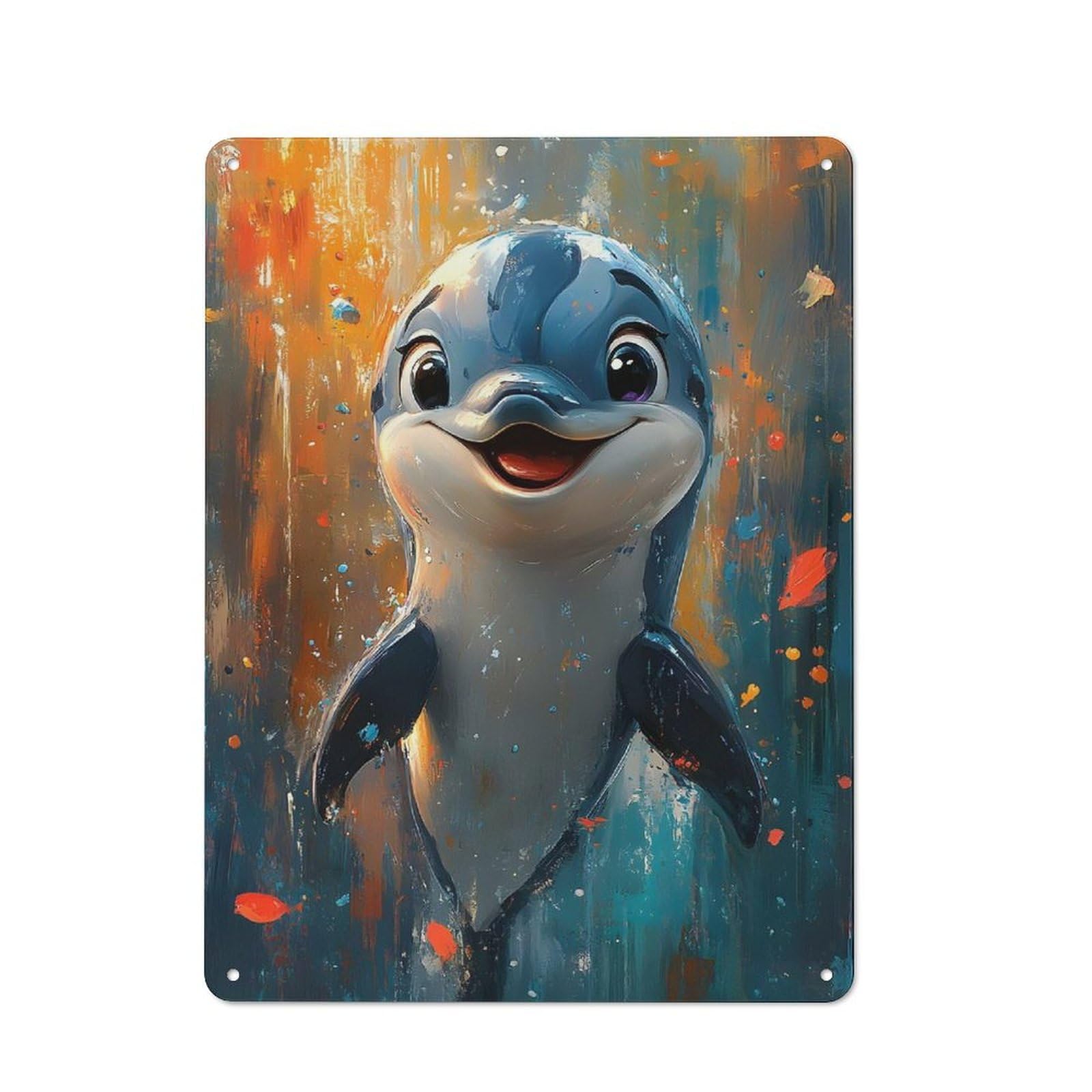Smiling Dolphin Painting Creative Metal Wall Decor 40x30cm, Metal Desk Wall Sign for Hobby Room, Office, Lounge Or Living Room