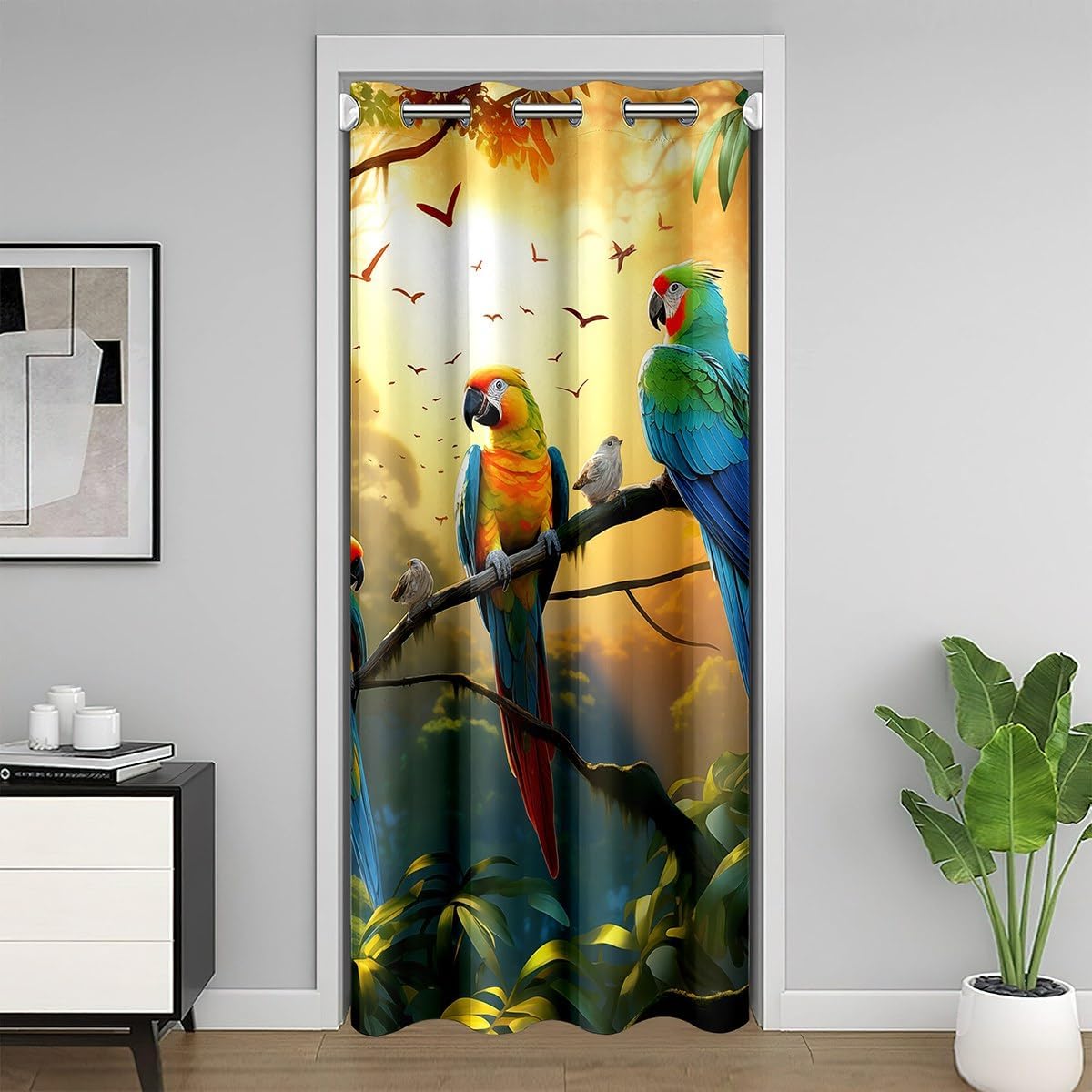 Feelyou Parrot 30%-50% Blackout Insulated Thermal Curtain Watercolor Animal Feather Door Cover Curtain Palm Leaf Doorway Curtain Privacy Tropical Plant Birds Window Treatments Room 1 Panel, 34"x80"