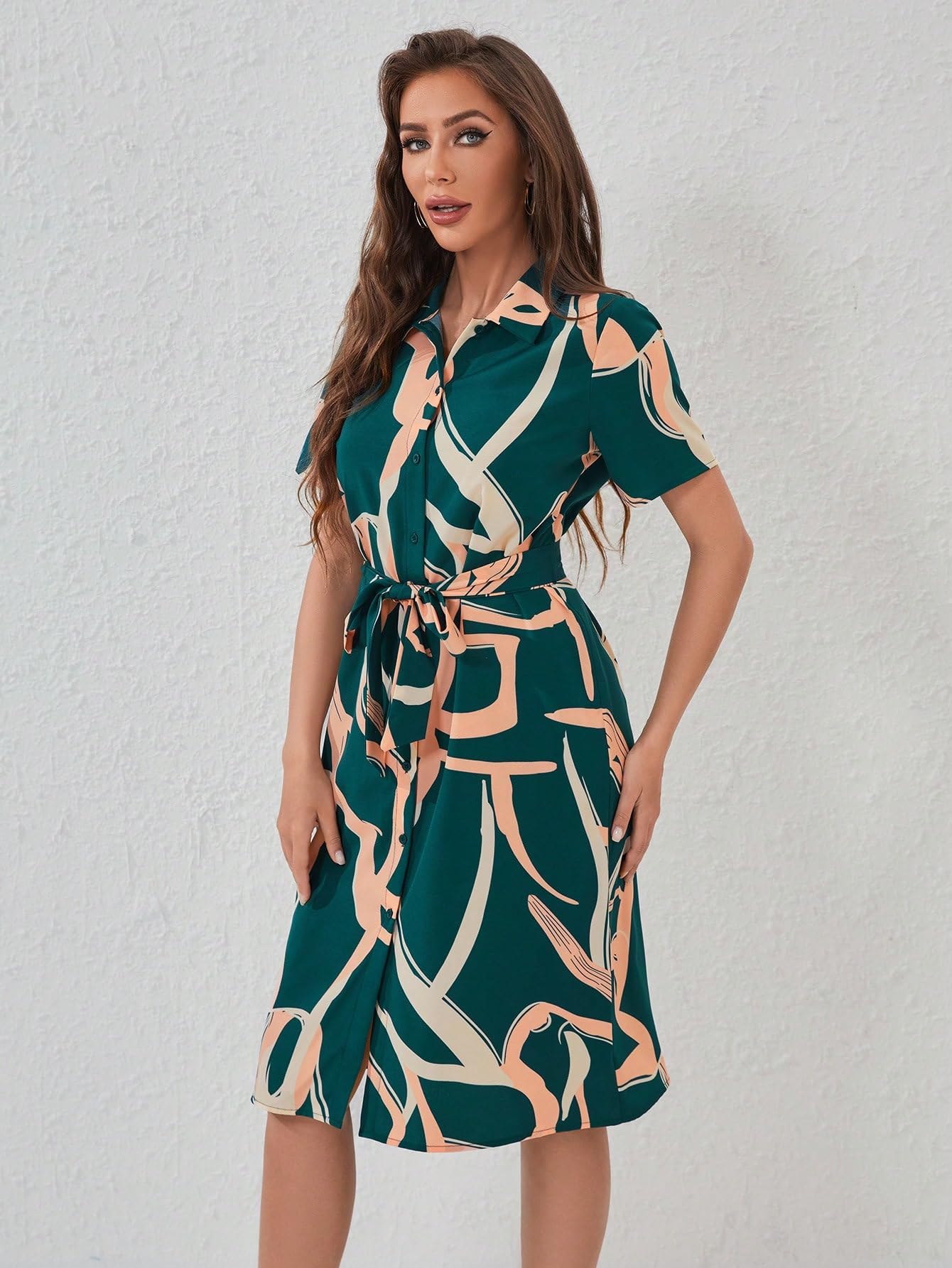 Shasmi Women's & Girl's White Dress For Women L One Piece Dress For Women L Beach Dress For Women, Solid Printed Tie Front Collared V Neck Midi Dress (Dress 116 Green-L)