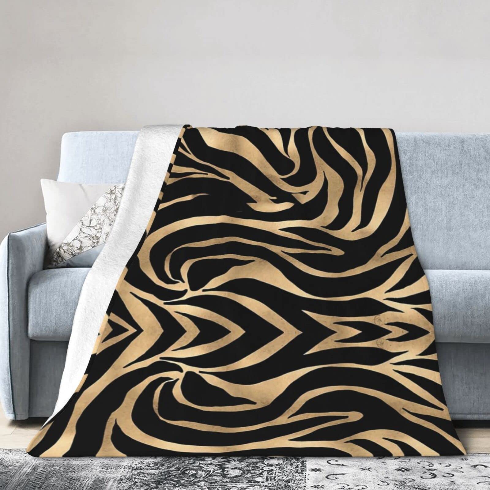 Vinamy Gold/Black Blanket Elegant Metallic Zebra Animal Print Soft Throw Blanket Warm Blankets Lightweight Fuzzy Flannel Throws 60"X50"