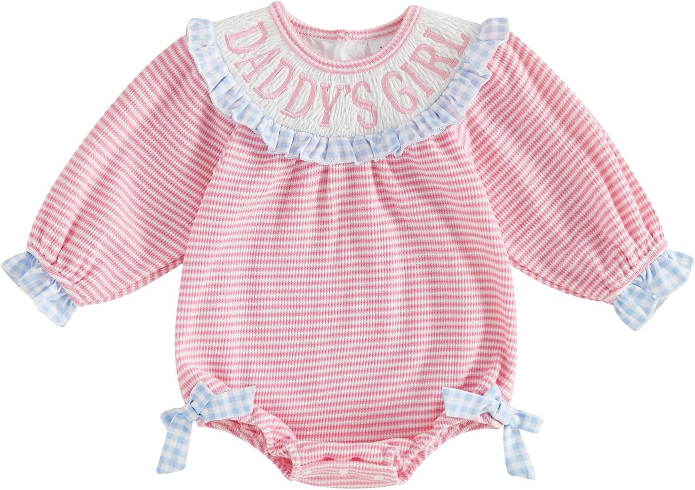 Newborn Baby Girl Fall Outfit Plaid Stripe Romper Letter Embroidery Side Bow Long Sleeve Jumpsuit Infant Clothes