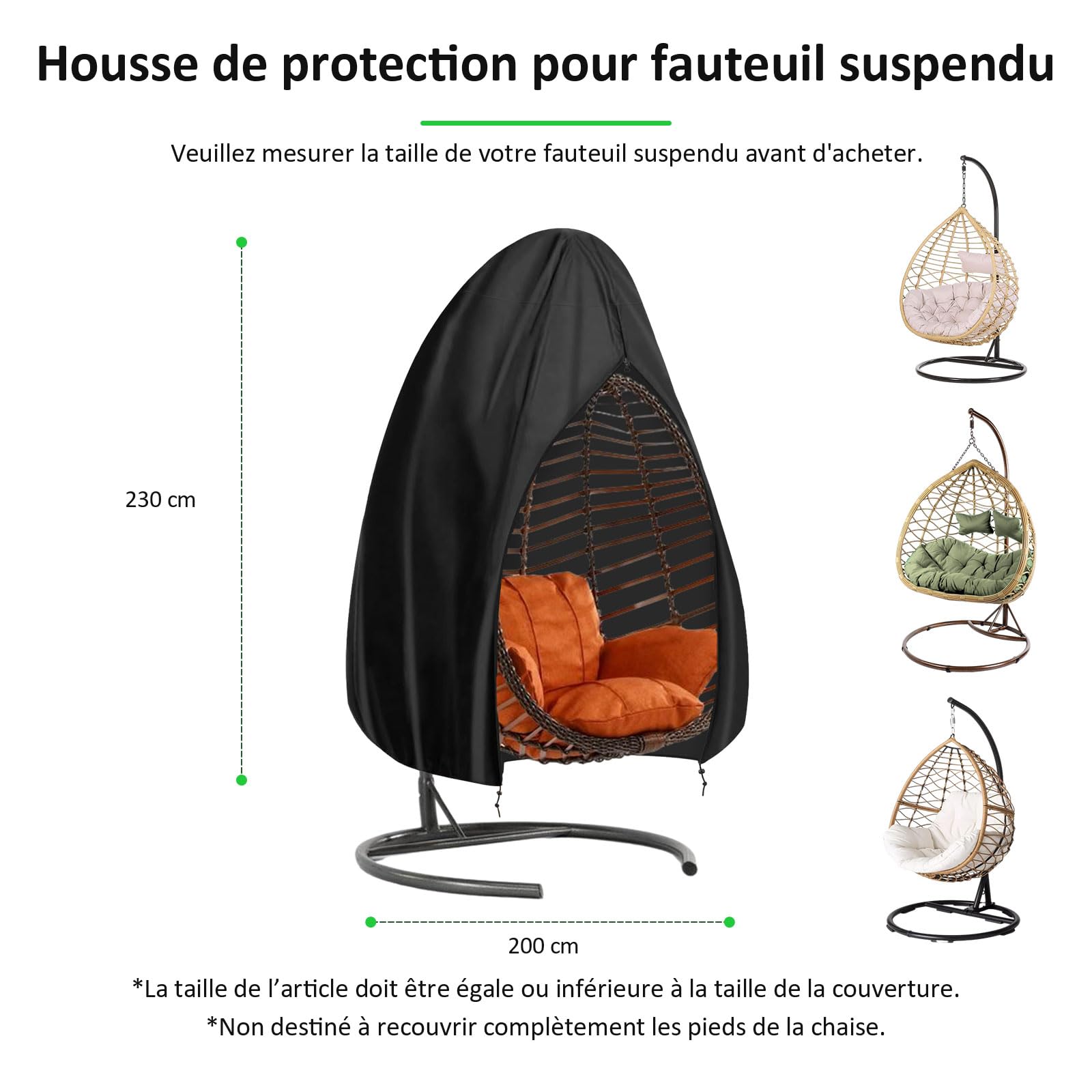 Housse Fauteuil Suspendu, Housse de Protection pour Fauteuil Oeuf, Housse de Chaise Suspendue Exterieur, Housses de Balancelles de Jardin, Imperméable, Anti-UV, Indéchirable (230x200cm)