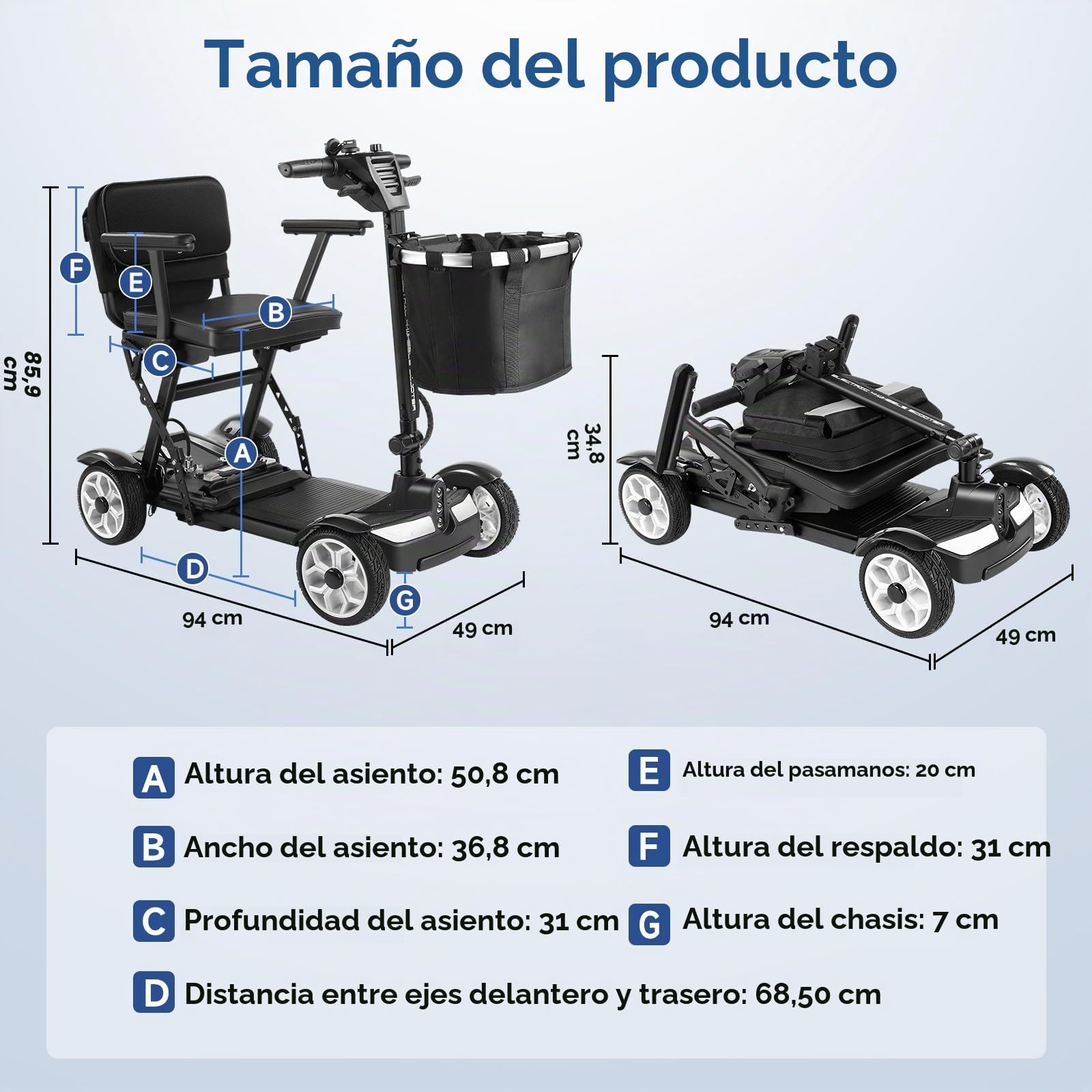 Scooters para Personas Mayores,Scooter De Movilidad De Viaje con Motor De 4 Ruedas,Scooter De Movilidad Plegable,con Batería De Litio Extraíble De 20 AH,Apto para Personas Mayores Black