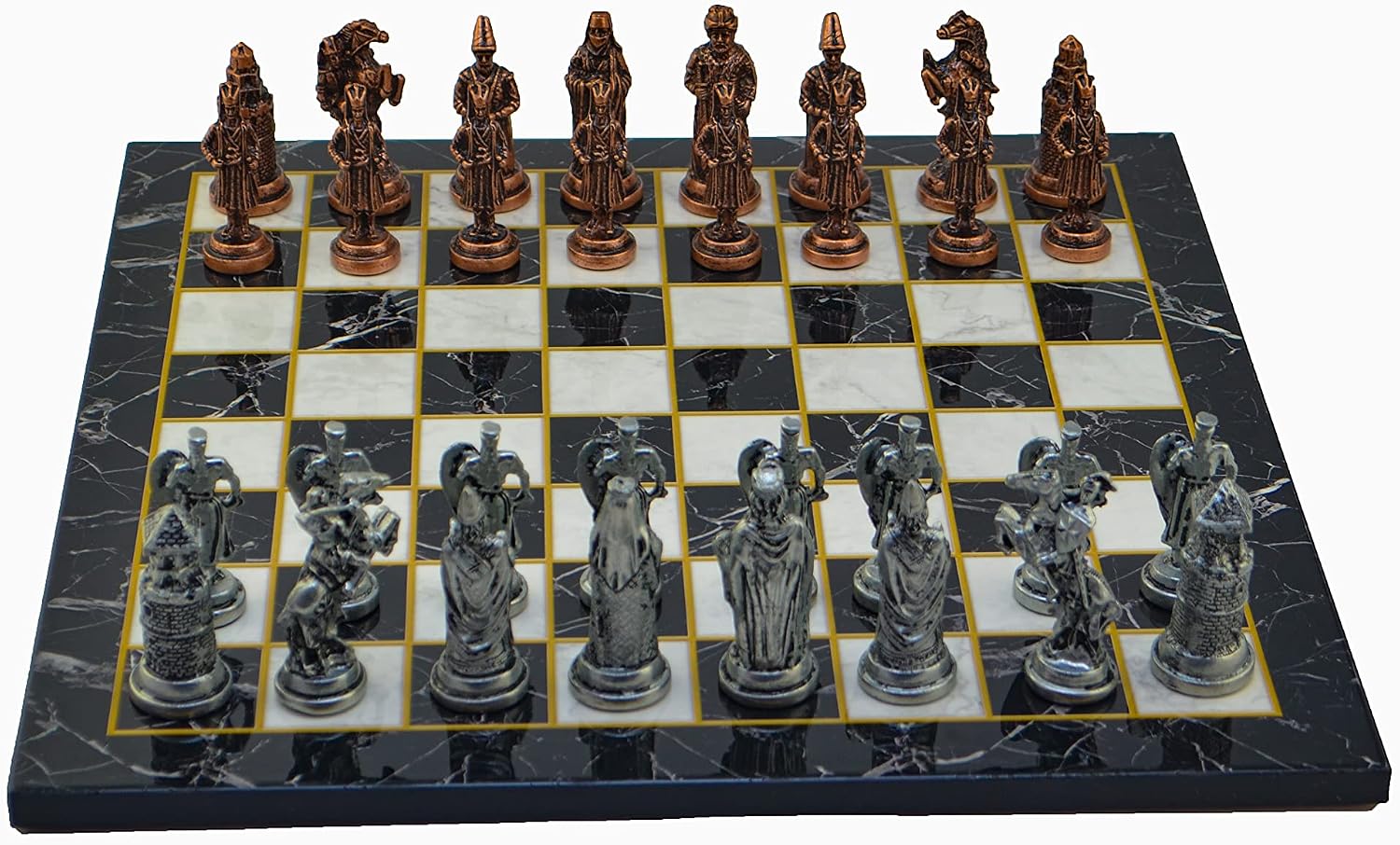 Metal Chess Sets for Adult Ottoman vs Byzantine Empire Antique Copper Figures,Handmade Pieces and Different Design Wooden Chess Board (Black Marble)