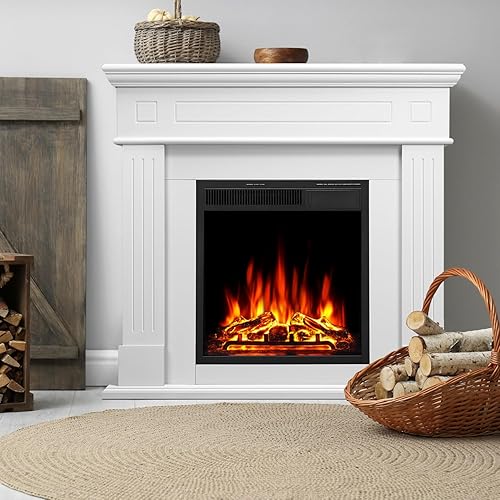 Chimenea eléctrica con chimenea envolvente de madera, control remoto, llama LED ajustable, chimenea independiente de 750 W/1500 W (blanco perlado)