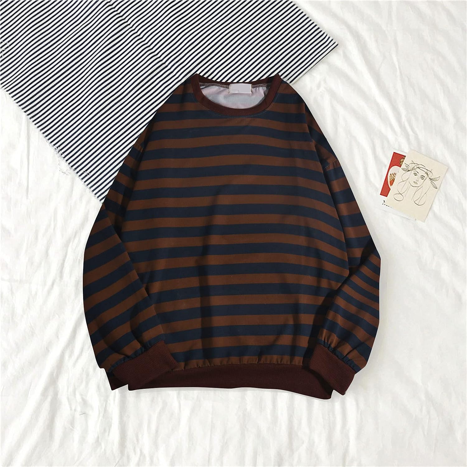 Ymosrh Dress Shirts for Men Men's Autumn Winter Round Neck Stripe Sweatshirt Pullover Tops Long Sleeved Mens Shirt