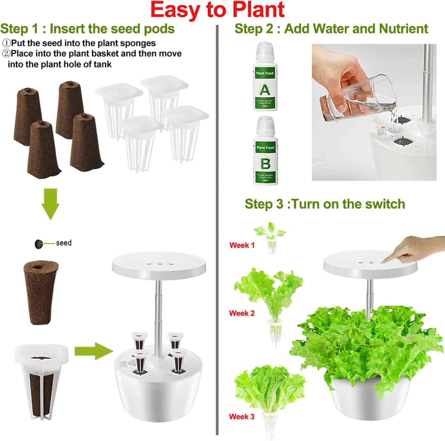 Hydroponics Growing System with LED Grow Light(4Pods) Smart Herb Indoor Garden Garden Kit Plants Germination Kit Automatic Timer Height Up to 13.7" for Kitchen Home Office