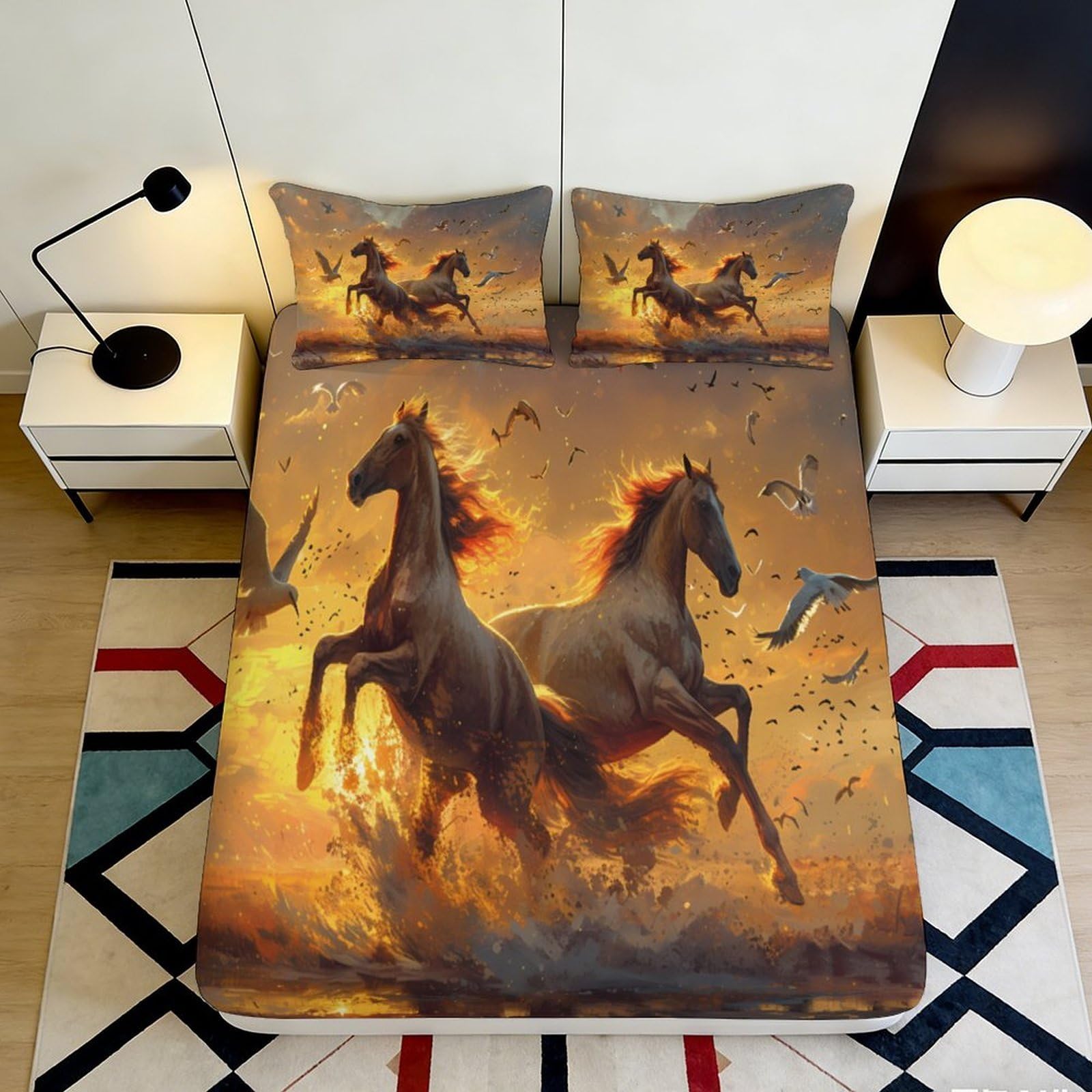 Jqzkxnhpbr Style-6 3D Printed Wild Horse Fitted Sheet Microfiber Soft Breathable Sunset Forest Bed Cover For Bedroom Guest Room Decor 90X200x25cm
