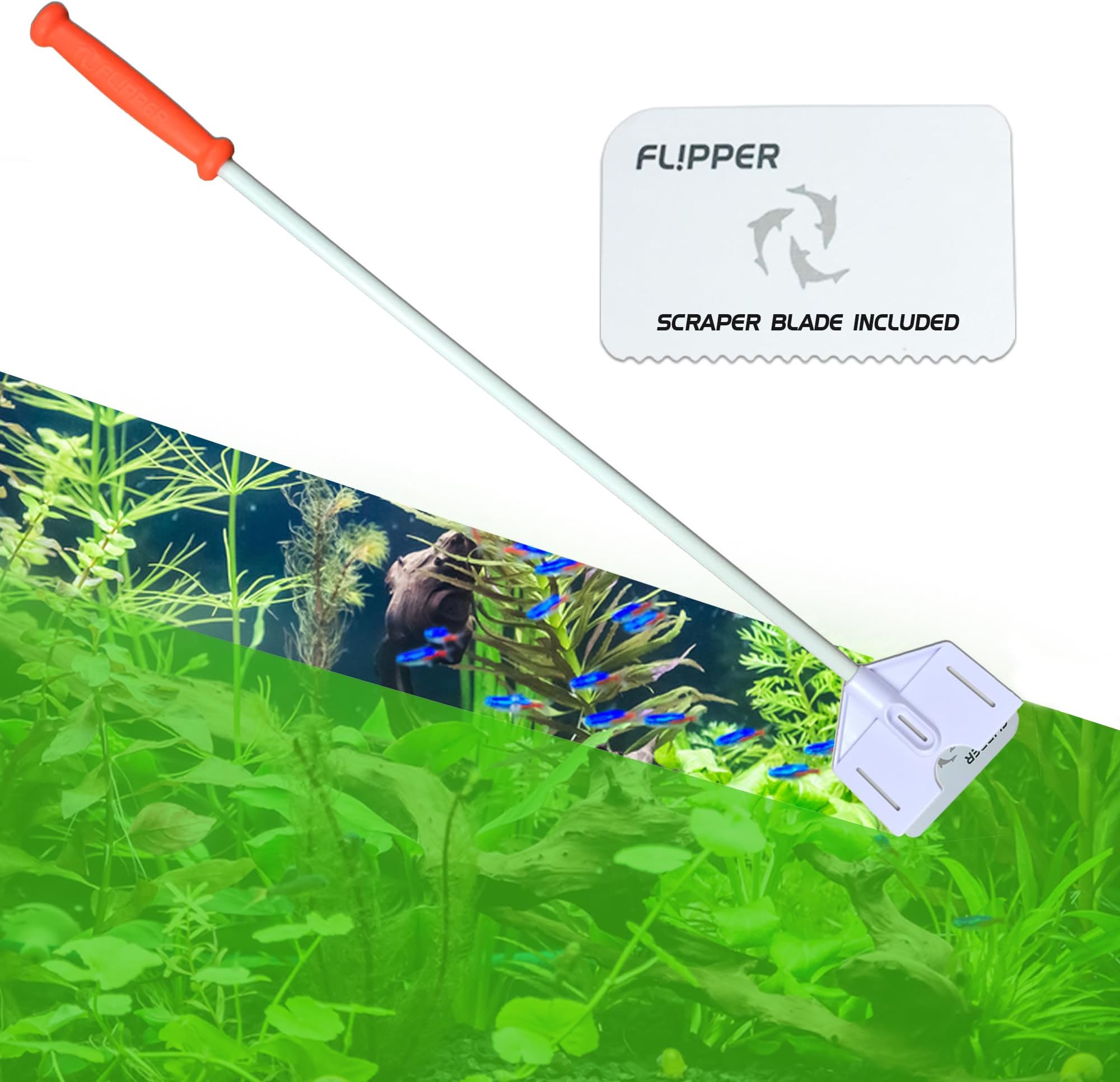 FLIPPER Platinum Hand Algae Scraper – Aquarium Glass and Acrylic Cleaner with Precision Scraper Design, Fish Tank Cleaning Tool for Freshwater & Saltwater Aquariums (28” Rigid Shaft)