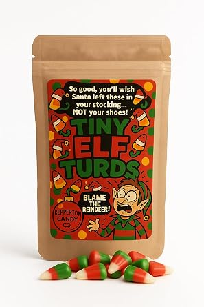 Kepperton Tiny Elf Turds Christmas Candy Corn - Festive Red, Green & White Holiday Treat, Giftable Kraft Pouch, Funny Stocking Stuffer, Small Batch Gourmet Sweets