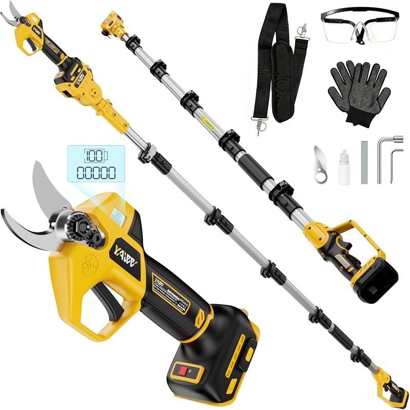 Juego de tijeras de podar eléctricas 2 en 1 compatibles con batería Dewalt de 20 V, podadora de poste ajustable de 6,9 ​​pies con cortador de ramas eléctrico sin escobillas de corte de 1,2 pulgadas para jardinería y podadora de árboles (sin batería)