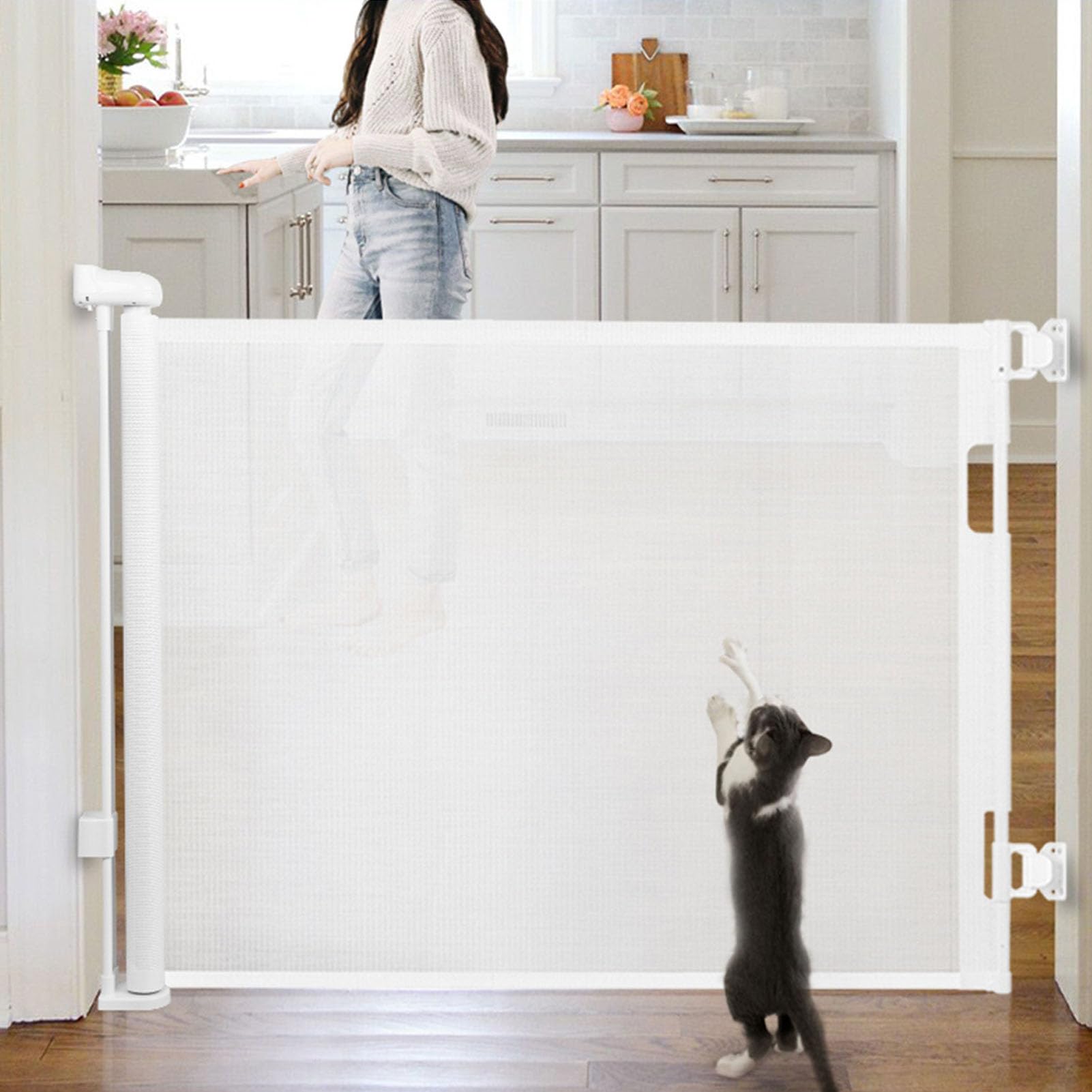 Demeras Puerta de Seguridad Retráctil Puerta para Mascotas de Malla de Fácil Instalación para Escaleras y Pasillos 140 Cm Gris