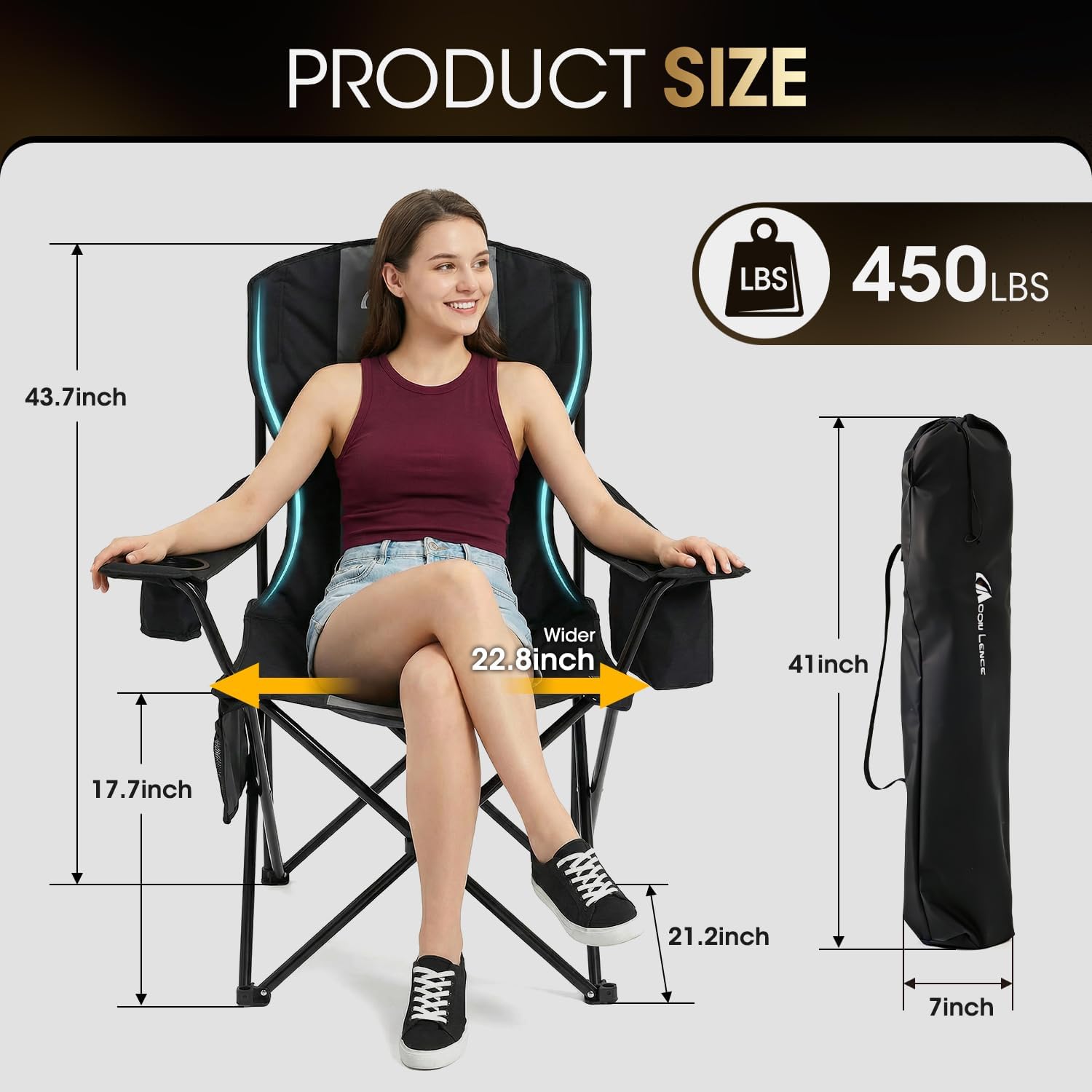 MOON LENCE Heavy Duty Camping Chair, 450LBS Capacity High Back Folding Chair with Cup Holder & Cooler Bag, Portable Outdoor Chair for Camping, Backyard, RV and Beach, 1 Pack