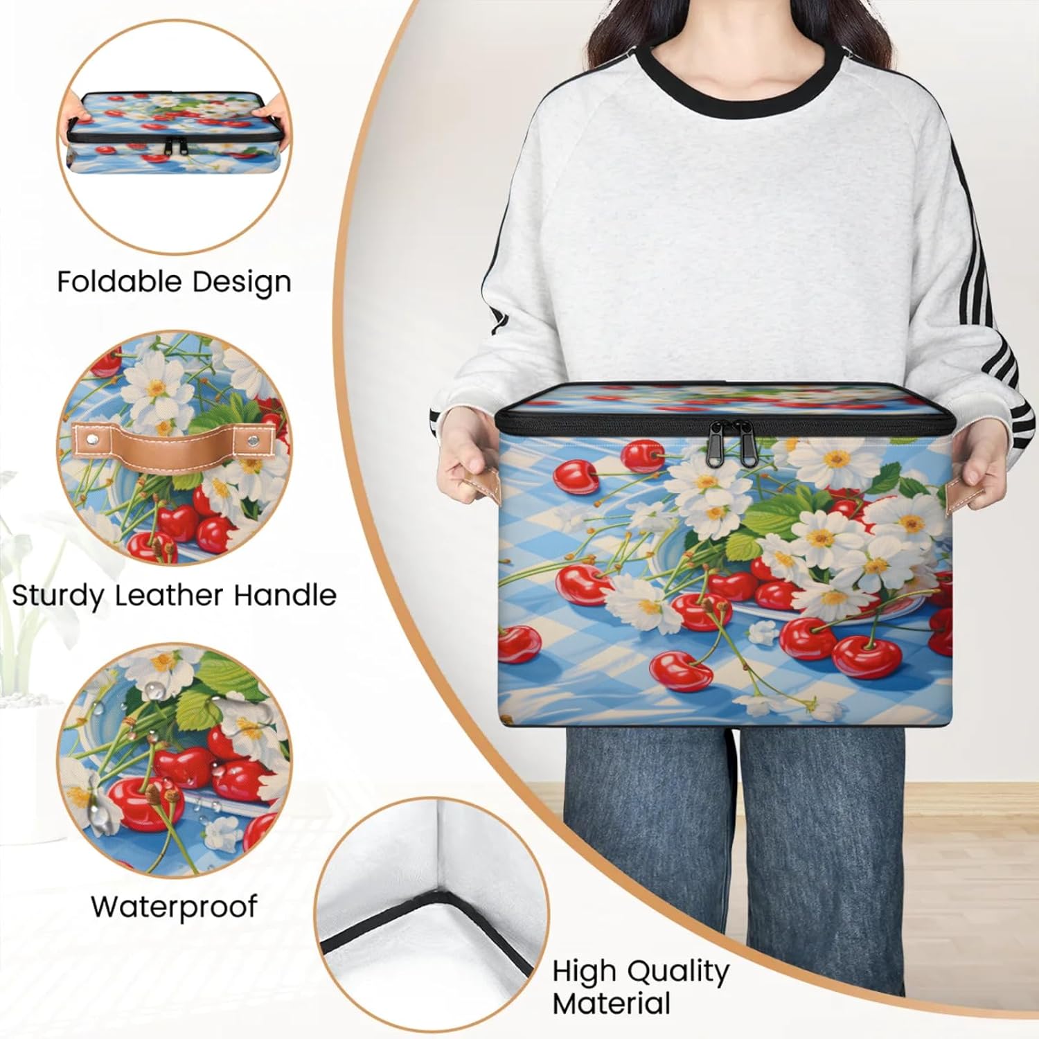 Storage Bin Set of 2 Cherry Daisy Plaid Storage Basket with Zipper Lid & Handle Foldable Closet Shelf 2 Pack Cloth Organizer Basket Cube Bins Clothes Organizer for Nursery, Bedroom