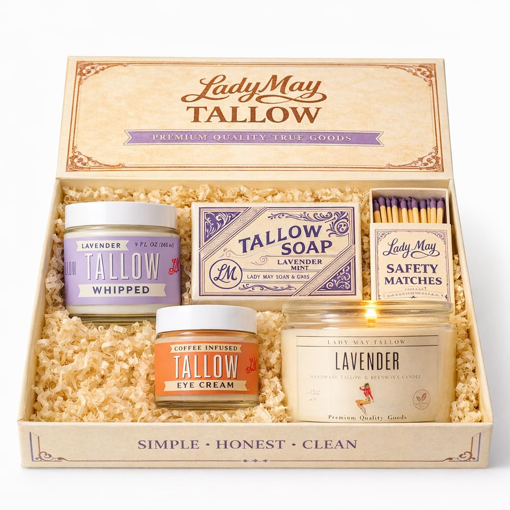 Lady May Relaxation Ritual Gift Set - Lavender Tallow Face Cream, Bath Soap, & Candle - Made with Grass Fed Beef Tallow for Deep Hydration and Body Care - All-Natural Self Care Set - USA Made