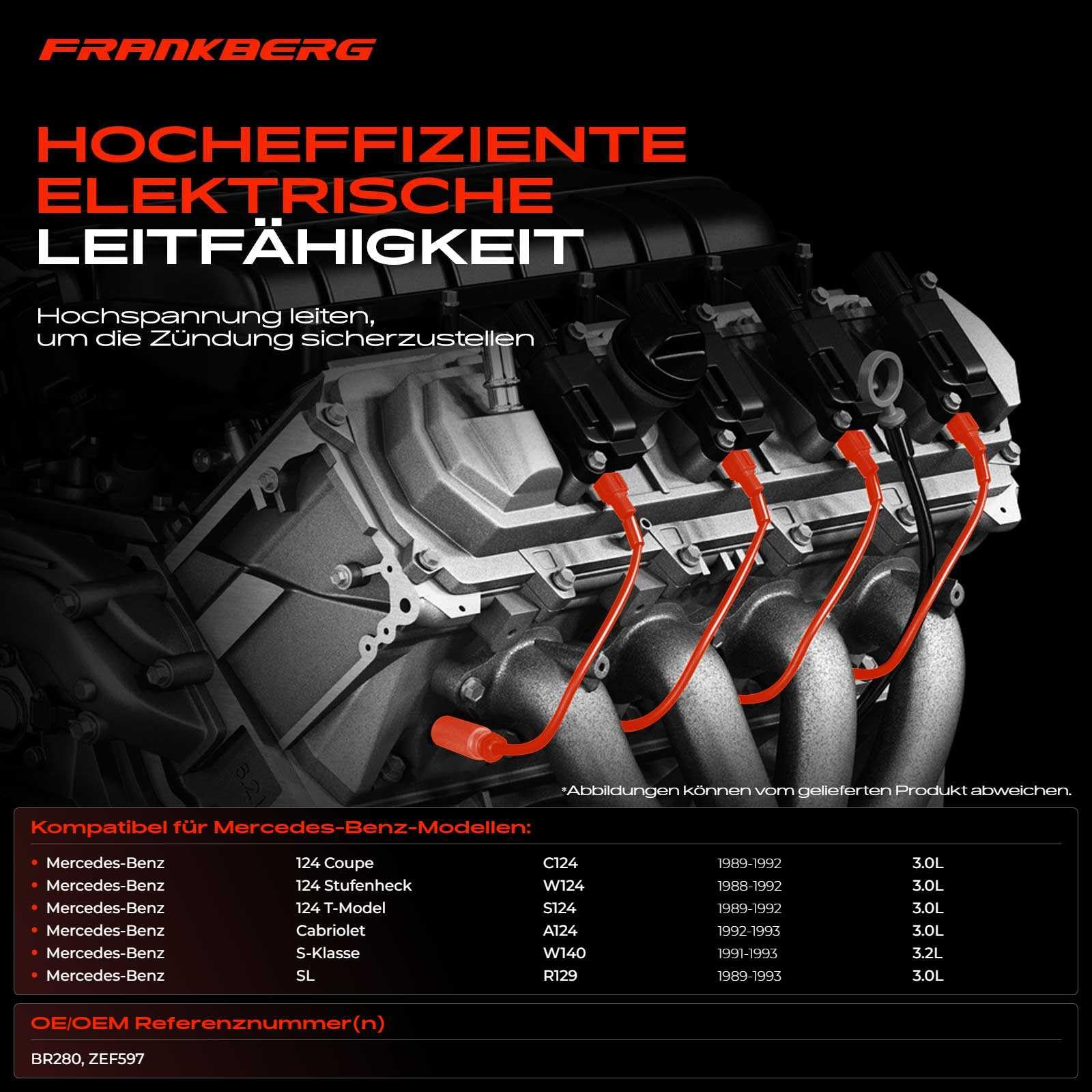 Frankberg 7x Zündleitungssatz Zündkabel Kompatibel mit 124 Coupe C124 3.0L 1989-1992 S-Klasse W140 3.2L 1991-1993 SL R129 3.0L 1989-1993 124 T-Model S124 3.0L 1989-1992