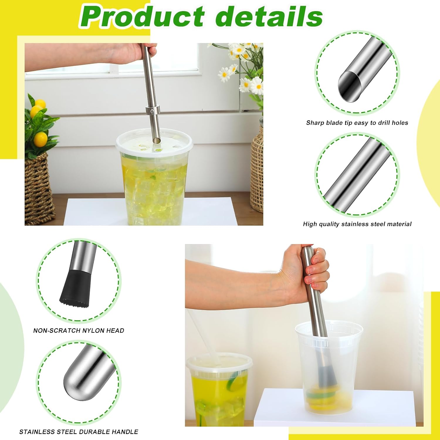 Honeydak 4 Pcs Straw Hole Puncher Muddler, Lemonade Punch Tool Set, 8.7Inch image 3