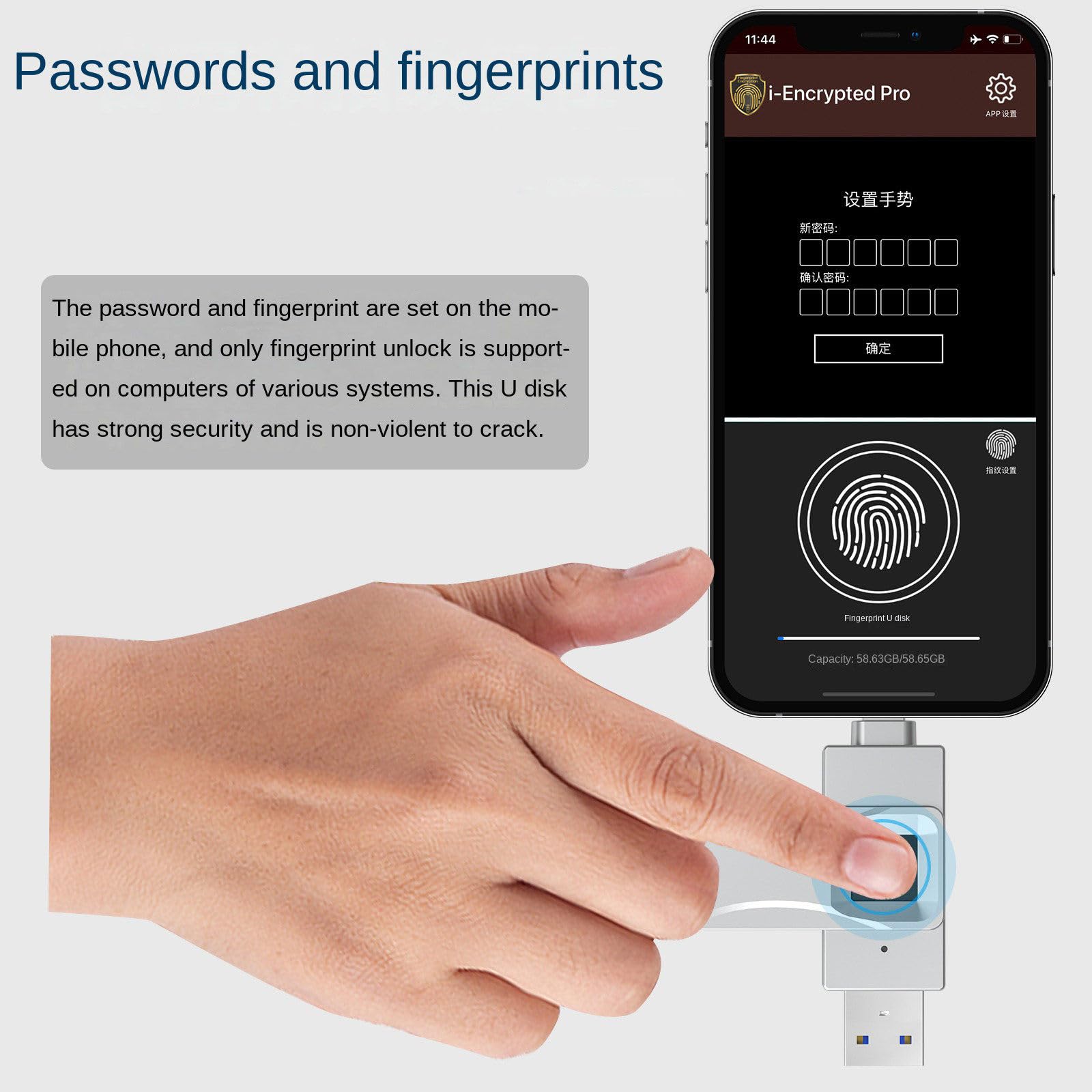 Chiavetta USB crittografata con impronta digitale da 64 Gb 128 Gb 256 Gb 512 Gb per computer e telefono cellulare,128GB