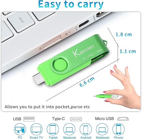 Miniatura 5 de Kavolen - Memoria flash de alta velocidad 3 en 1 de 256 GB para PCportátilteléfonos Android. Memoria de fotos para Samsung Galaxy, LG, Google Pixel,