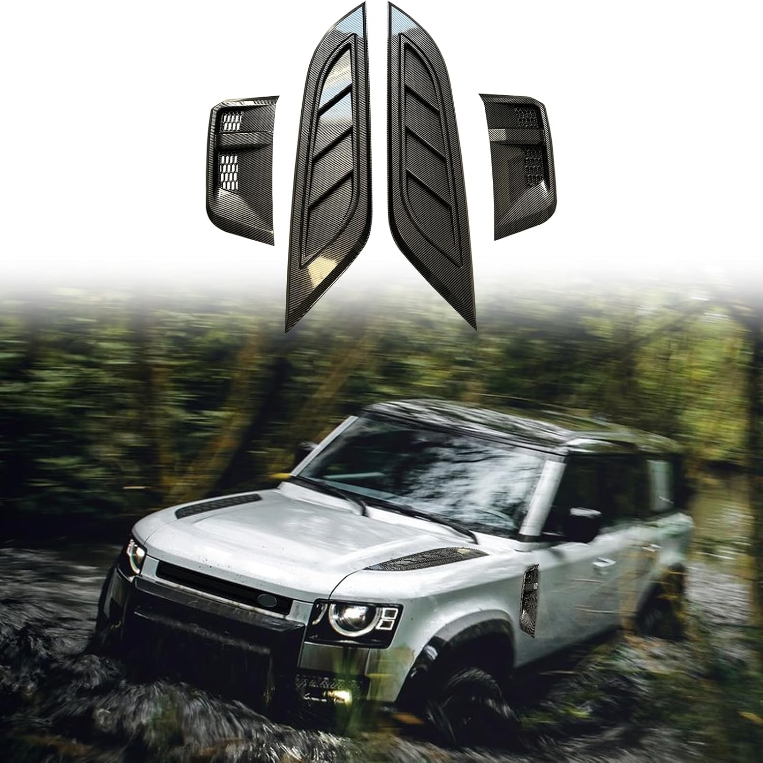 2PCS Front Hood Vent +2PCS Side Vent Carbon Fiber ABS Fits For Land Rover Defender 110 130 2020 2021 2022 2023 2024 2025