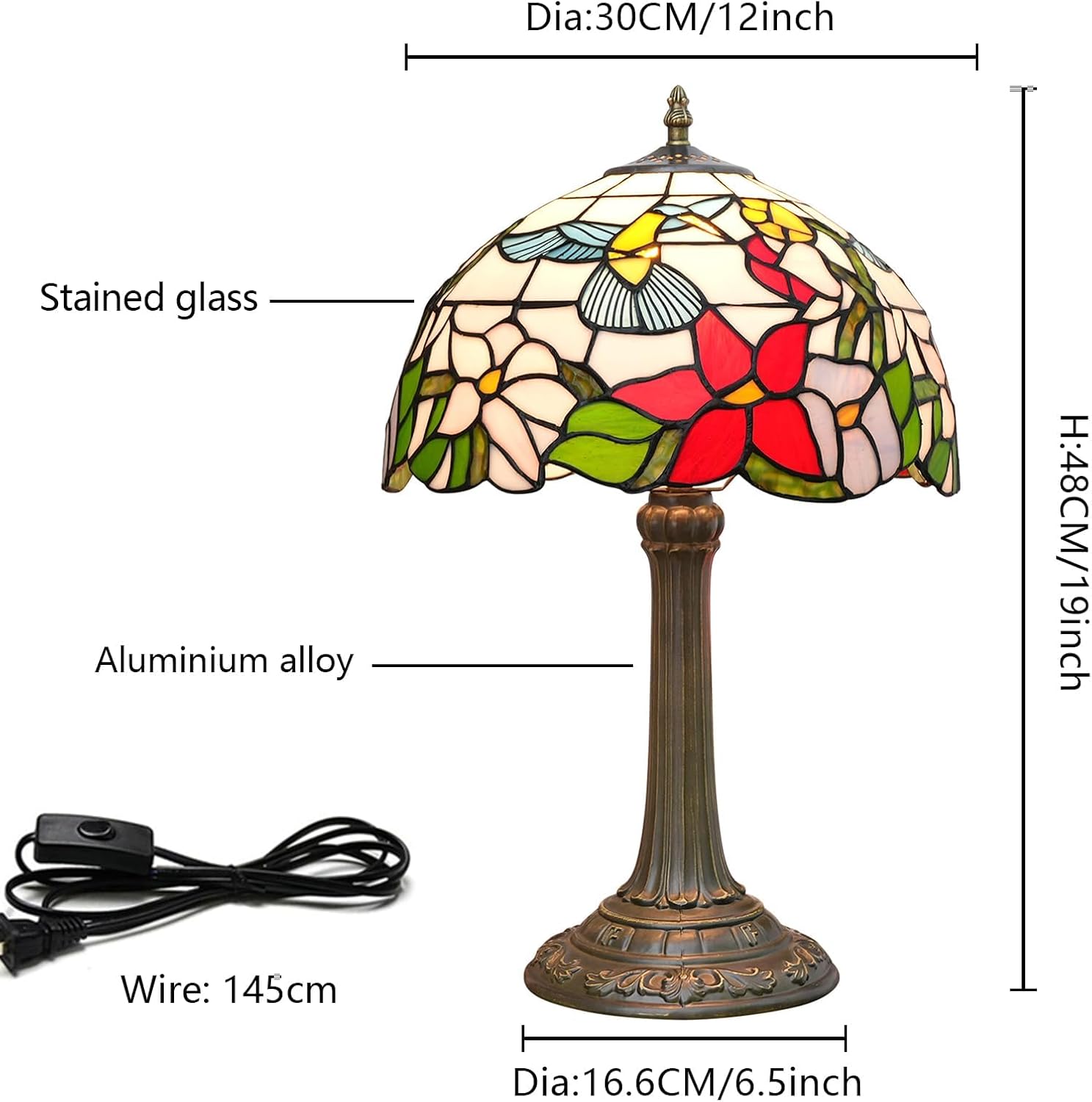 Tiffany Lamp Hummingbird Stained Glass Table Lamp 12X12X18 Inches Hummingbird Style Desk Reading Light Decor Beside Bedroom Living Room Home Festival Birthday Gift