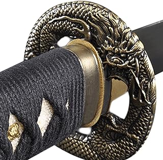 Handmade Sword - Japanese Samurai Katana Swords, Functional, Hand Forged, 1045 Carbon Steel, Clay Tempered, Damascus, Full Tang, Sharp, Dragon Tsuba, Black Wooden Scabbard, Sword Certificate