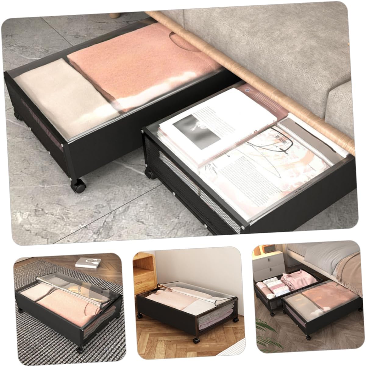 Bed Storage Holder Wheels Multifunctional Storage Box for Clothes Toys and Books Design Lid Space-saving Organizer for Bedroom and Living Space