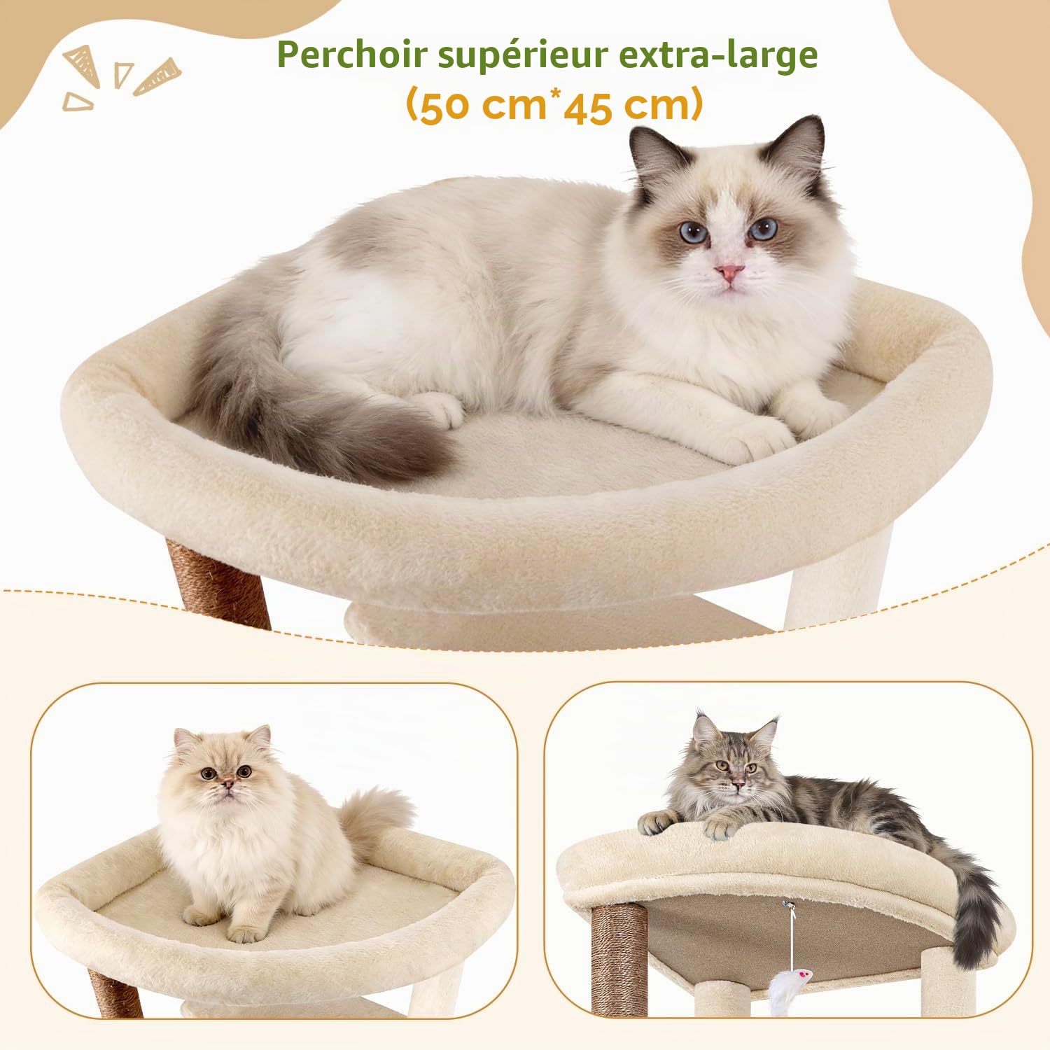 Globlazer Arbre a Chat Beige XXL Coin pour Gros Chats 204cm avec 2 Grand Niches 45*30*30cm, Immense Plateforme, Planche Sisal, Panier, Stable Arbres à Chats Intérieur Repos Gratte Jouant (C80, Beige)