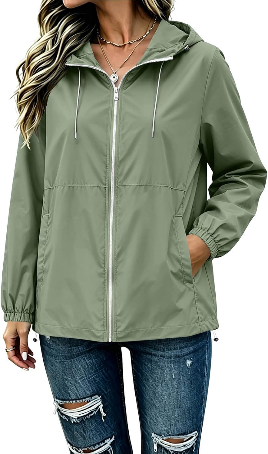 Women’s Hooded Waterproof Windbreaker Jacket, Rain Coat with Elastic Cuffs Pockets Summer Fall Daily Outdoor Wear