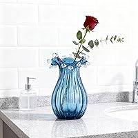 Vista 6 de Jarrón de vidrio soplado a mano, jarrón de vidrio azul único, decoración de arte moderno, adecuado para mesas de café de sala de estar, centros